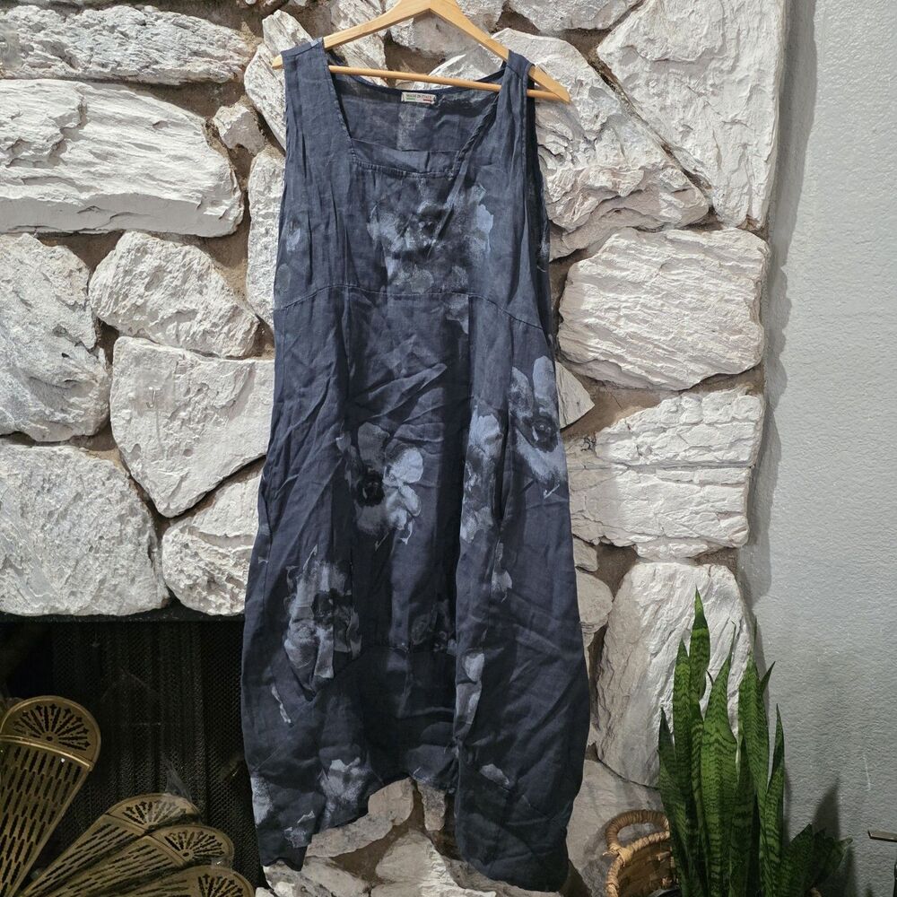 Sundress Women Large Blue 100% Linen Maxi Floral Ruffle Made in Italy Beachy